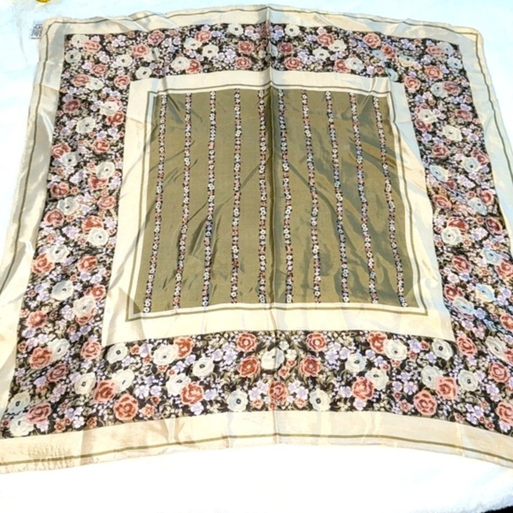 Echo Silk Scarf with Olive and Cream Floral Design 27'x27' - Picture 5 of 7
